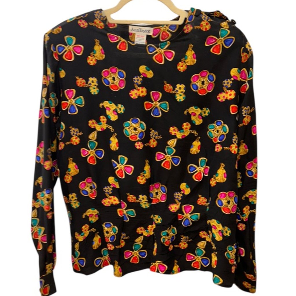 Ann Taylor Y2k 100% Silk Vintage Black Jewels Gemstones Print Blouse Top 12